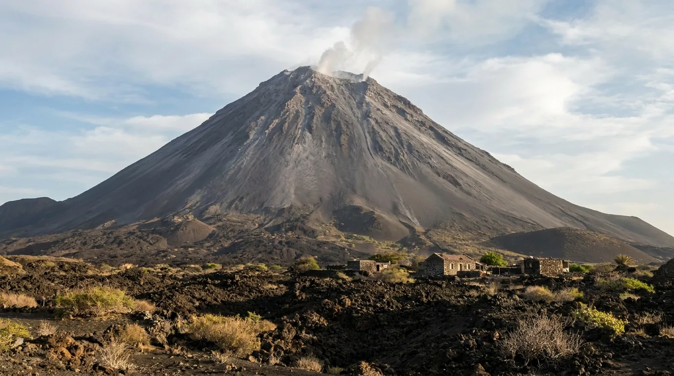 Ilustração do Pico do Fogo, o vulcão da ilha, com casas de pedra e campos de lava em primeiro plano